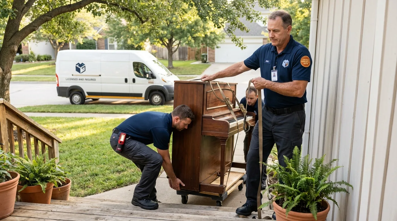Licensed piano movers securing grand piano in Fort Thompson, SD