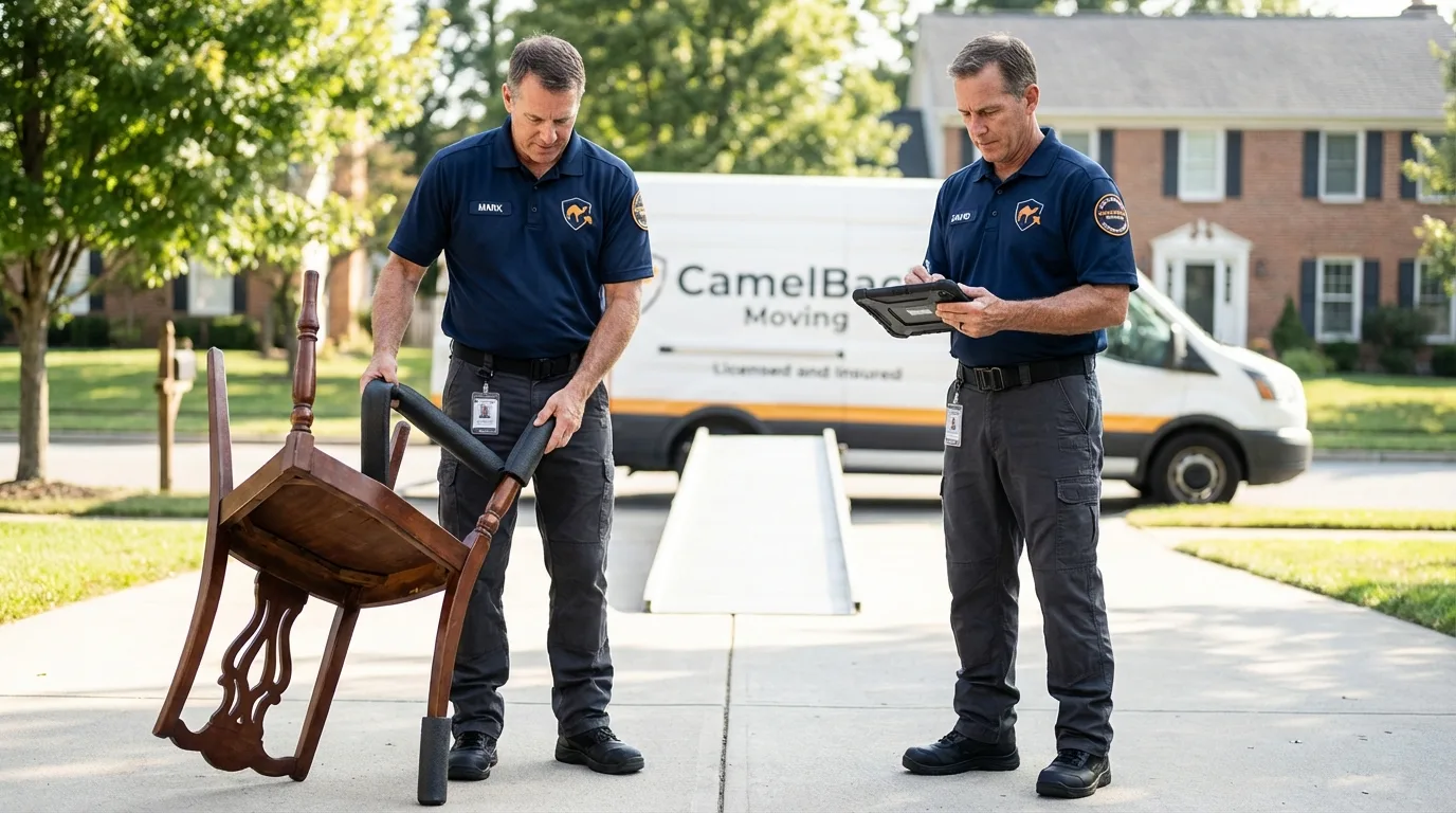 Movers inspecting furniture for damage prevention before loading in Fort Thompson, SD