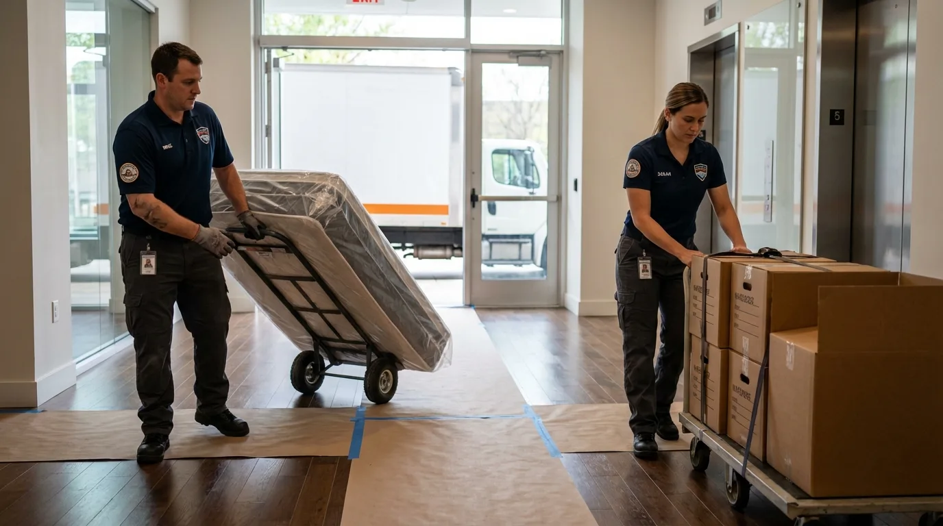 Professional apartment movers loading elevator in Fort Thompson, SD
